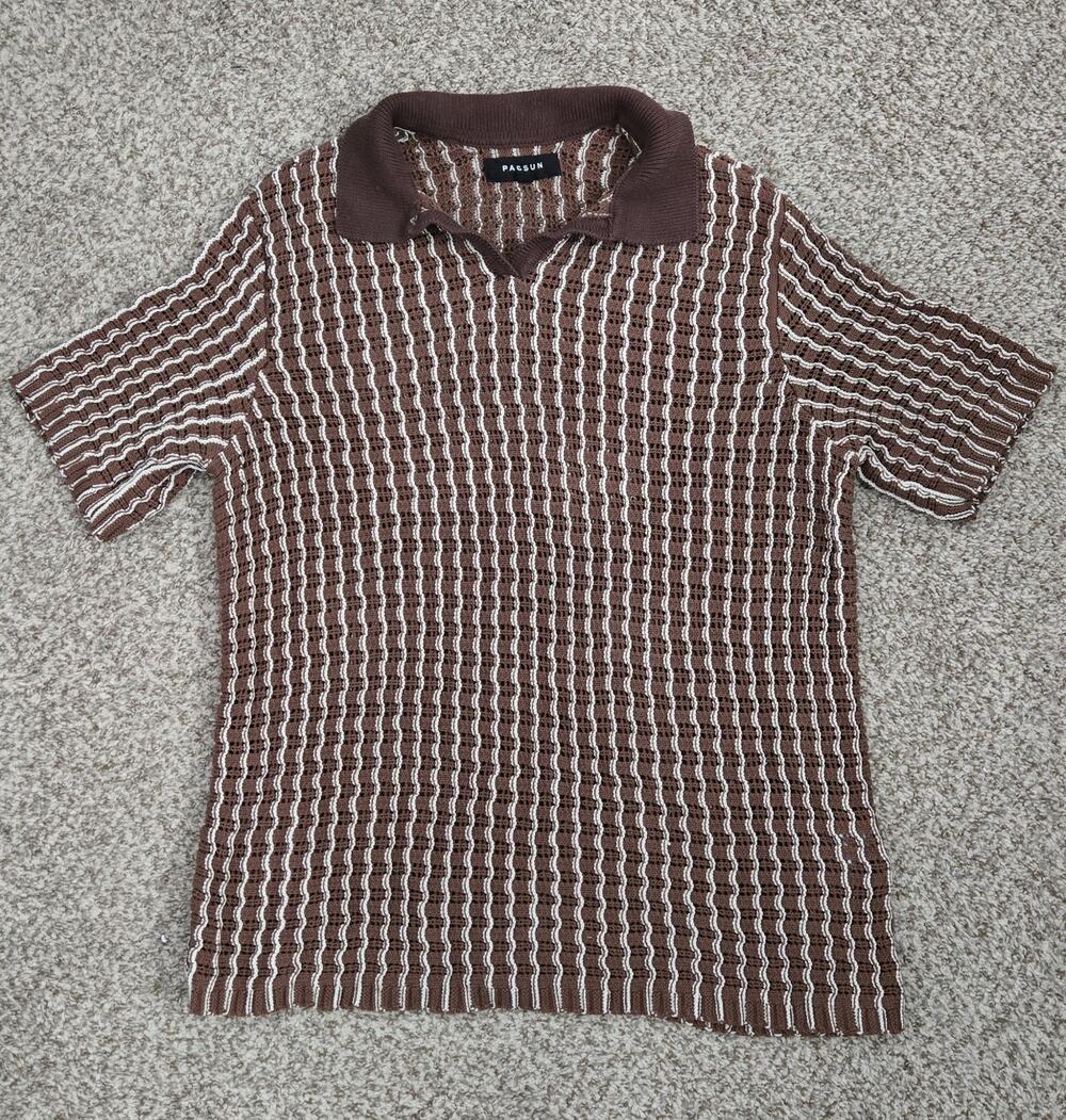 PACSUN Open Knit Short Sleeve Top Shirt Men Size Large Brown White 100% Cotton